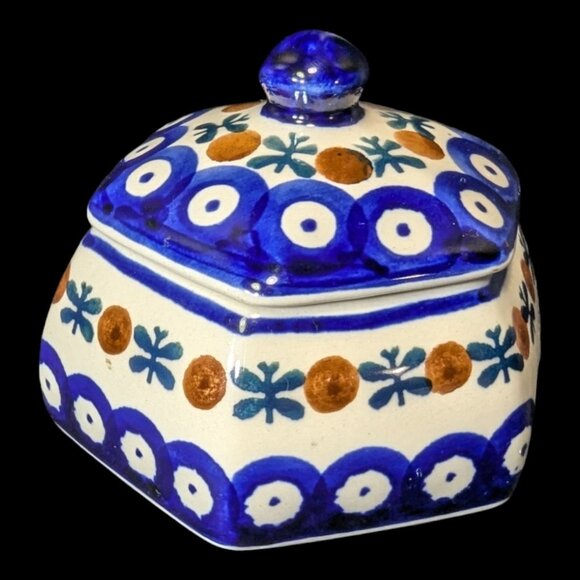 Polish Pottery Trinket Box Boleslawiec Hexagon Mosquito Pattern Signed with Lid - Picture 2 of 7
